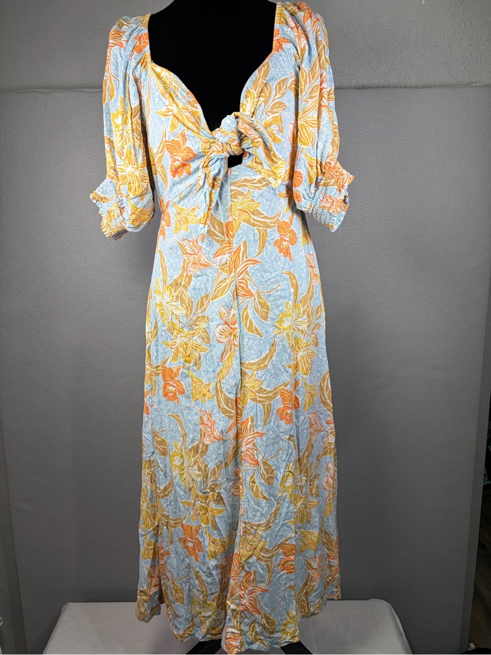 Roxy Floral Tie-Front Maxi Dress in Light Blue, Yellow, Orange